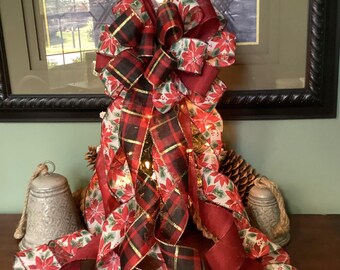 Lovely Poinsettia & Shiny Plaid Bow Almost 13” wide bow 8 streamers for lantern wreath decoration tree topper bow