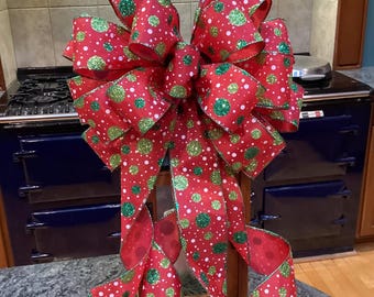 Bright Red Glitter Polka Dots ribbon  12” wide bow  36” streamers for lantern wreath wedding  decoration  tree topper