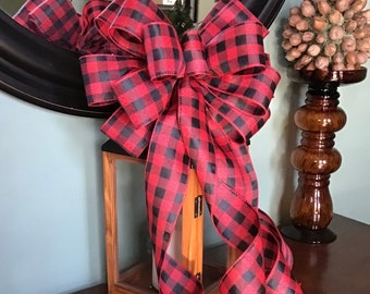 Red & Black Farmhouse Buffalo plaid check bow 11” wide 4 streamers Lantern Tree Topper or large wreath decoration