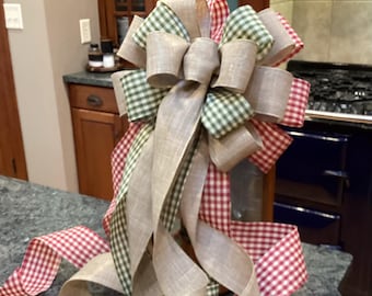 Old Fashioned Winter Farmhouse Check & Burlap Ribbon Christmas Tree Topper Bow 12” wide bow 8 streamers for lantern wreath decoration