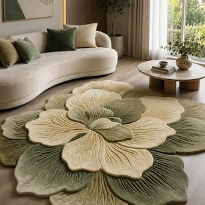 May include: A large, circular area rug shaped like a blooming flower with layered, textured petals in alternating shades of sage green and cream. The rug features deep, carved grooves that mimic the natural veins of petals, creating a dimensional look.
