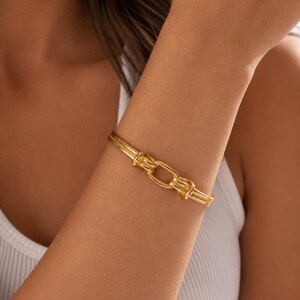 18K Gold Knot Cuff Bracelet, Open Gold Cuff Bracelet, Waterproof Stainless Steel Bangle, Minimalist Statement Bracelet, Gift for Her