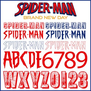 May include: A digital graphic sheet featuring the Spider-Man Brand New Day logo in red and blue. It includes various Spider-Man text styles in red, blue, and white outlines, along with red uppercase letters A-F, numbers 6-9, 0-3, and letters W-Z.