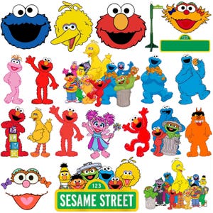 Peut inclure: Une collection d'illustrations des personnages de Sesame Street incluant Elmo, Big Bird, Cookie Monster, Abby Cadabby, Oscar the Grouch, Bert, Ernie et Count von Count, avec diverses poses, un panneau de rue vert et le logo Sesame Street.