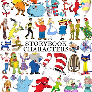 以下が含まれることがあります： 「STORYBOOK CHARACTERS」という中央の黒いテキストの周りに、ハットをかぶった猫、ロラックスおじさん、不思議の国のアリス、ピーターパン、大きな赤い犬のクリフォードなど、さまざまな絵本のキャラクターが配置されたコレクション。
