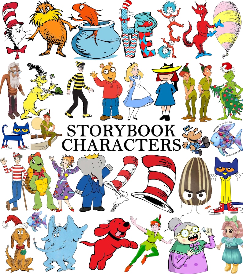 以下が含まれることがあります： 「STORYBOOK CHARACTERS」という中央の黒いテキストの周りに、ハットをかぶった猫、ロラックスおじさん、不思議の国のアリス、ピーターパン、大きな赤い犬のクリフォードなど、さまざまな絵本のキャラクターが配置されたコレクション。