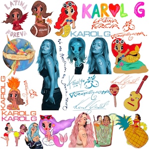 Pacote de designs PNG do Karol G, Produtos do Karol G, Pacote de PNGs do novo álbum Tropicoqueta, PNG de camiseta do Karol G, PNG do show Viajando El Mundo do Karol G