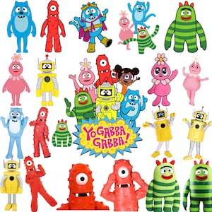 May include: A collection of Yo Gabba Gabba characters including Muno, Foofa, Brobee, Plex, and Toodee in various poses. The group features bright colors like red, blue, green, pink, and yellow, with the Yo Gabba Gabba logo centered in a yellow starburst.