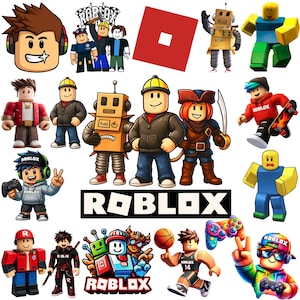 Puede incluir: Una colección de pegatinas con temática de Roblox que muestra varios personajes en bloques, incluyendo robots, un pirata, un jugador de baloncesto y jugadores. El set incluye el logo cuadrado rojo de Roblox y el logo de texto Roblox en blanco y negro.