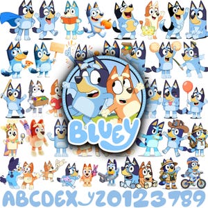 Puede incluir: Una colección de ilustraciones de los personajes Bluey y Bingo en varias poses, actividades y expresiones. El emblema circular central muestra a los dos personajes con el texto Bluey debajo. Se incluyen el alfabeto y los números 0-3 y 7-9.