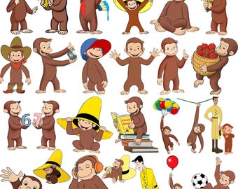 Curious Monkey PNG-bundel, schattige Afrikaanse aap PNG-ontwerpen, De man met de hoed PNG, Lastige aap PNG, stripfiguren, apen-shirt