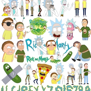 Puede incluir: Una colección de ilustraciones de los personajes de Rick y Morty, incluyendo a Rick Sanchez y Morty Smith en varias poses, un pepinillo, una porción de pizza, el logo de Rick y Morty, y un conjunto de letras y números azules de la A a la Z y del 0 al 9.