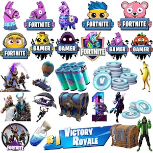 May include: A collection of stickers featuring various Fortnite characters, items, and logos. Included are llamas, a treasure chest, V-Bucks, Chug Jugs, a hot air balloon, and the text Victory Royale. The graphics are colourful, cartoon-style illustrations.