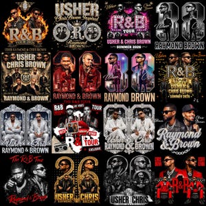 May include: A digital collage of concert posters featuring Usher and Chris Brown, showcasing various graphic designs with text including R&B Tour 2026, Raymond & Brown, and individual portraits of the artists in black, gold, and red color schemes.