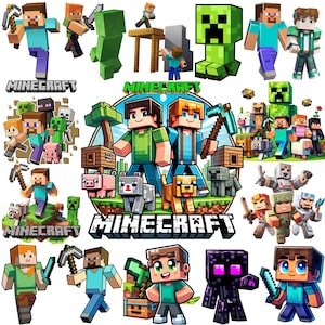May include: A collection of Minecraft character stickers featuring Steve, Alex, Creepers, Endermen, and various animals. The graphics display blocky, pixelated figures in vibrant colors, including green, blue, and purple, with the Minecraft logo text.