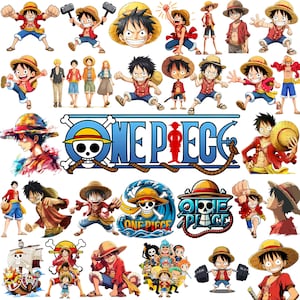 May include: A collection of stickers featuring Monkey D. Luffy and other characters from the One Piece anime series. The images include various poses of Luffy wearing his signature straw hat, the One Piece logo, and a pirate ship illustration.