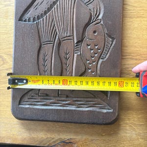 Large Vintage Wooden Speculaas Mold – Fisherman with Fish Cookie Board – Dutch Folk Art Kitchen Wall Deco