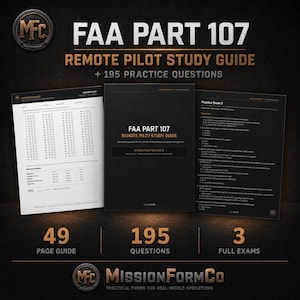 Peut inclure: Un guide d'étude pour pilote à distance FAA Part 107 en noir et blanc avec 195 questions d'entraînement, une feuille de réponses et une page d'examen. Le texte indique FAA Part 107 Remote Pilot Study Guide, MissionFormCo et Practical Forms.