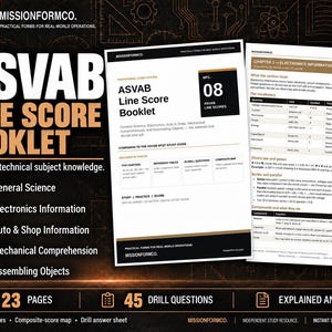 Przewodnik do nauki ASVAB Line Score | Nauki ogólne, Elektronika, Motoryzacja i warsztat, Zrozumienie, Montaż przedmiotów | 45 pytań praktycznych w formacie PDF