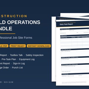 May include: A construction field operations bundle featuring 10 professional job site forms in US letter 8.5 x 11 inch size. The digital document set includes a daily field report, toolbox talk, safety inspection, JHA, pre-task plan, and equipment log.