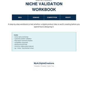 May include: A digital product Niche Validation Workbook with a header, a four-part dark blue navigation bar labeled Idea, Demand, Competition, and Profit, and a light blue box listing contents including a niche clarity worksheet and decision sheet.