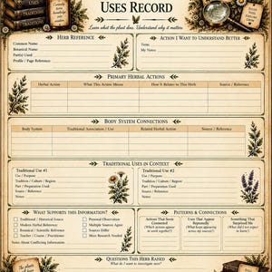 May include: A beige, vintage-style herbal record sheet titled Volume III The Herbal Wisdom Compendium, Herbal Actions & Uses Record. It features sections for herb reference, body system connections, and traditional uses, decorated with botanical illustrations.