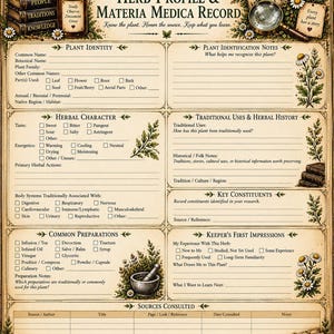 May include: A beige paper template titled Volume III The Herbal Wisdom Compendium Herb Profile & Materia Medica Record. It features sections for plant identity, herbal character, traditional uses, key constituents, preparations, and sources.