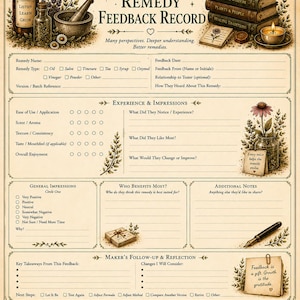 May include: A printed Remedy Feedback Record page from Volume II of The Herbal Remedy Ledger. The document features sections for remedy details, experience impressions, and maker reflections, decorated with illustrations of apothecary bottles, books, and a fountain pen.