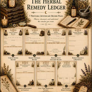 Könnte beinhalten: Eine Sammlung von sieben druckbaren Apotheker-Aufzeichnungsseiten mit dem Titel The Herbal Remedy Ledger, Volume II. Die Seiten enthalten Abschnitte zur Erfassung von Heilmittelforschung, Tests, Feedback und Beobachtungen, verziert mit botanischen Illustrationen.