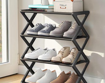 Zapatero de 4 niveles en forma de X: almacenamiento que ahorra espacio para una vida organizada.