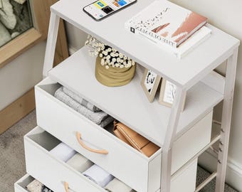 4 Drawer Bedside Table with Open Shelves, Storage Cabinet with Steel Frame, Modern Nightstand for Bedroom, Living Room & Home Office