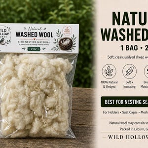May include: A clear plastic bag containing 2 ounces of off-white, natural washed wool for bird nesting material. The header card features the text Wild Hollow Works, Natural Washed Wool, Bird Nesting Material, and 2 OZ, with bird and nest graphics.