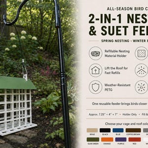 May include: A 2-in-1 nesting and suet feeder with a green roof and white grid frame, hanging from a black metal hook. The text reads: All-Season Bird Care, 2-in-1 Nesting & Suet Feeder, Spring Nesting, Winter Feeding, Approx. 7.25" x 4" x 7".