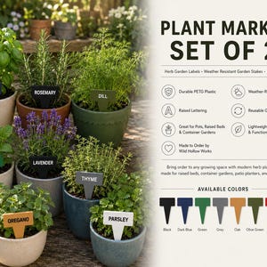 May include: A set of 20 plant markers with raised lettering in various colors including black, blue, green, grey, oak, olive, red, and white. The markers are displayed in potted herbs with labels for basil, rosemary, dill, mint, lavender, thyme, and parsley.