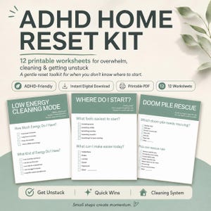 Städplanerare för ADHD för vuxna | Verktygslåda för exekutiv dysfunktion | Återställningskit för hemmet | Städ- och rensningsarbetsblad