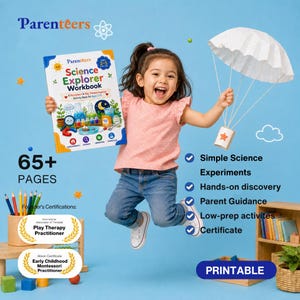 Könnte beinhalten: Ein Science Explorer Arbeitsbuch für 2- bis 5-Jährige mit über 65 Seiten voller einfacher wissenschaftlicher Experimente, praktischer Entdeckungen und Elternanleitungen. Das Cover zeigt bunte Illustrationen von Laborgeräten.