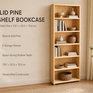 Solid Pine 6-Shelf Bookcase with Natural Finish