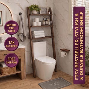 Natural Pine Wood Ladder Shelf, Dark Walnut Farmhouse Organizer, Over Toilet Storage