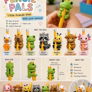 Può includere: Una collezione di coprimatita Pencil Pals con personaggi animali tra cui un'anatra, un capibara, una rana, un procione, un'ape, una mucca highland e un axolotl. Ogni figura è alta 40 mm ed è progettata per abbracciare una matita standard.
