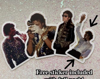 May include: Four die-cut vinyl stickers featuring Michael Jackson in various iconic outfits and poses, including one holding a Grammy award. The stickers are arranged together, and a black arrow points to one, with text reading Free sticker included with full pack!