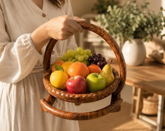 Handgemaakte houten opvouwbare fruitmand, inklapbare schaal, rustieke keukendecoratie