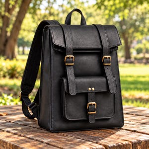 Könnte beinhalten: Ein schwarzer Rucksack mit einer oberen Klappe, zwei vertikalen Riemen und messingfarbenen Metallschnallen. Die Vorderseite enthält eine kleinere Tasche mit einem einzelnen vertikalen Riemen und Schnalle. Der Rucksack hat verstellbare Schultergurte.