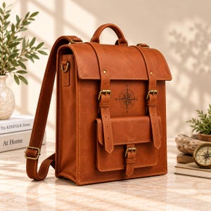 May include: A tan leather backpack featuring a top handle, two adjustable shoulder straps, and a front pocket. The main flap and front pocket are secured with brass-toned buckles. A black compass rose graphic is centred on the front flap.