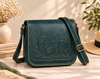 Teal Green Embossed Camel Leather Elephant Crossbody Bag, Artisan Boho Sling Purse