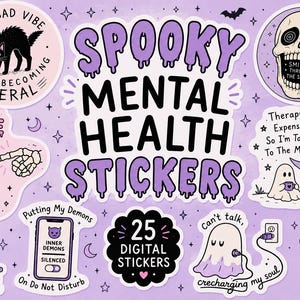 Puede incluir: Una colección de 25 pegatinas digitales sobre un fondo morado claro con temas espeluznantes. Los diseños incluyen un gato negro, una calavera, un fantasma bebiendo té, un cerebro, un ataúd y un teléfono inteligente, con el texto Spooky Mental Health Stickers.