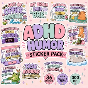以下が含まれることがあります： ADHD HUMOR STICKER PACKというタイトルのデジタルステッカーシートで、36個の高画質PNGファイルが含まれています。パステルカラーのイラストには、OUT OF OFFICE MENTALLY、MY BRAIN SAID BRB、CURRENTLY BUFFERINGなどのユーモラスなテキストが添えられています。