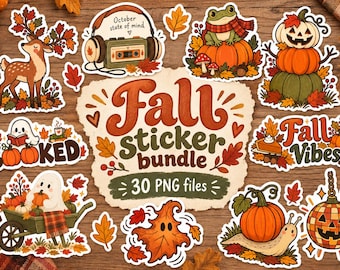 May include: A collection of autumn-themed stickers featuring a deer, a frog on a pumpkin, a ghost with a book, a snail with a pumpkin, a disco ball jack-o'-lantern, and autumn leaves. The central text reads Fall sticker bundle 30 PNG files.