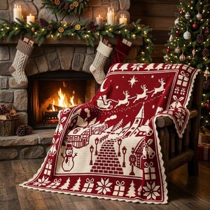 Può includere: Una coperta in maglia color rosso scuro e crema con una scena natalizia che raffigura un pupazzo di neve, un sentiero in mattoni, una chiesa e la sagoma di Babbo Natale su una slitta trainata da renne, rifinita con un bordo smerlato.