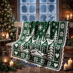 May include: A dark green crochet blanket featuring a white winter village scene with houses, a church, pine trees, snowflakes, and hearts. The blanket has a decorative white scalloped border and is draped over a wooden bench in a festive setting.