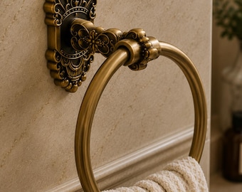 Antique Brass Towel Ring, Vintage Wall Mounted Towel Holder